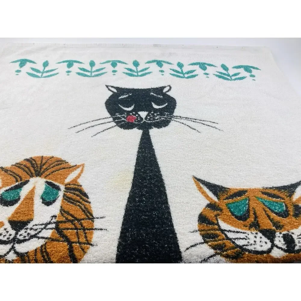 Vintage 1950s 60 Cannon Terry Beach Towel Tiger Pop Art Lion Graphic Black Cat O